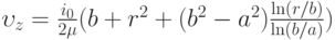 {\upsilon _z} = \frac{{{i_0}}}{{2\mu }}({b} + {r^2} + ({b^2} - {a^2})\frac{{\ln (r/b)}}{{\ln (b/a)}})