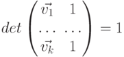 det \begin{pmatrix}\vec{v_1} & 1  \\\ldots & \ldots \\\vec{v_k} & 1  \\\end{pmatrix} = 1