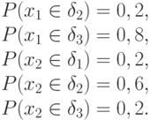 P(x_1 \in \delta_2 ) = 0,2,\\P(x_1 \in \delta_3 ) = 0,8,\\P(x_2 \in \delta_1 ) = 0,2,\\P(x_2 \in \delta_2 ) = 0,6,\\P(x_2 \in \delta_3 ) = 0,2. 