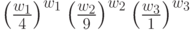 \left(\frac{w_1}{4}\right)^{w_1}\left(\frac{w_2}{9}\right)^{w_2}\left(\frac{w_3}{1}\right)^{w_3}