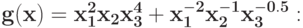 \bf{g(x) = x_{1}^{2}x_{2}x_{3}^{4} +x_{1}^{-2}x_{2}^{-1}x_{3}^{-0.5}:}