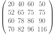 \left( \begin{array}{cccc}20 & 40 & 60 & 50 \\ 52 & 65 & 75 & 75 \\ 60 & 78 & 86 & 90 \\ 70 & 82 & 96 & 116%\end{array}%\right)