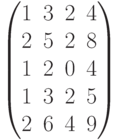 $$\begin{pmatrix}1&3&2&4\\2&5&2&8\\1&2&0&4\\1&3&2&5\\2&6&4&9\end{pmatrix}$$