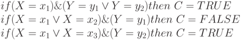 if(X=x_1)\&(Y=y_1\vee Y=y_2)then\ C=TRUE\\if(X=x_1\vee X=x_2)\&(Y=y_1)then\ C=FALSE\\if(X=x_1\vee X=x_3)\&(Y=y_2)then\ C=TRUE