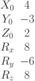 \begin{matrix}X_0 &4\\Y_0 &-3\\Z_0 &2\\R_x &8\\R_y &-6\\R_z &8\end{matrix}