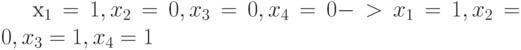 x_1=1, x_2=0, x_3=0, x_4=0  ->  x_1=1, x_2=0, x_3=1, x_4=1