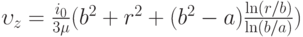 {\upsilon _z} = \frac{{{i_0}}}{{3\mu }}({b^2} + {r^2} + ({b^2} - {a})\frac{{\ln (r/b)}}{{\ln (b/a)}})