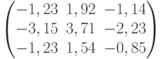           \begin{pmatrix}          -1,23 & 1,92 & -1,14 \\          -3,15 & 3,71 & -2,23 \\          -1,23 & 1,54 & -0,85          \end{pmatrix}          