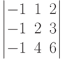         	  \begin{vmatrix}        	  -1 & 1 & 2 \\        	  -1 & 2 & 3 \\        	  -1 & 4 & 6         	  \end{vmatrix}        	  