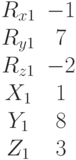 \begin{matrix}R_{x1}&-1\\R_{y1}&7\\R_{z1}&-2\\X_1&1\\Y_1&8\\Z_1&3\end{matrix}