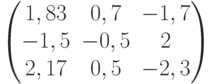           \begin{pmatrix}          1,83 & 0,7 & -1,7 \\          -1,5 & -0,5 & 2 \\          2,17 & 0,5 & -2,3          \end{pmatrix}          