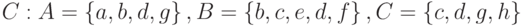 C: A = \left\{ {a, b , d, g} \right\}, B = \left\{ {b, c, e, d, f} \right\}, C = \left\{ {c, d, g, h} \right\}