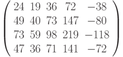 $\left( \begin{array}{ccccc}24 & 19 & 36 & 72 & -38 \\ 49 & 40 & 73 & 147 & -80 \\ 73 & 59 & 98 & 219 & -118 \\ 47 & 36 & 71 & 141 & -72%\end{array}%\right) $