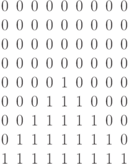 \begin{matrix}0&0&0&0&0&0&0&0&0\\0&0&0&0&0&0&0&0&0\\0&0&0&0&0&0&0&0&0\\0&0&0&0&0&0&0&0&0\\0&0&0&0&1&0&0&0&0\\0&0&0&1&1&1&0&0&0\\0&0&1&1&1&1&1&0&0\\0&1&1&1&1&1&1&1&0\\1&1&1&1&1&1&1&1&1\end{matrix}