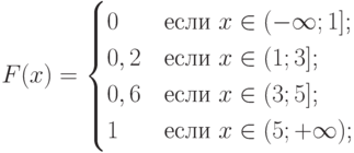 $$F(x)=\begin{cases}0 &\text{если $x \in (-\infty;1]$;}\\0,2 &\text{если $x \in (1;3]$;}\\0,6 &\text{если $x \in (3;5]$;}\\1 &\text{если $x \in (5;+\infty)$;}\\\end{cases}$$