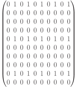 \begin{pmatrix} 0 & 1 & 0 & 1 & 0 & 1 & 0 & 1 & 0 & 1 \\  0 & 0 & 0 & 0 & 0 & 0 & 0 & 0 & 0 & 0 \\  0 & 0 & 0 & 0 & 0 & 0 & 0 & 0 & 0 & 0 \\  0 & 0 & 0 & 0 & 0 & 0 & 0 & 0 & 0 & 0 \\   0 & 1 & 0 & 1 & 0 & 1 & 0 & 1 & 0 & 1 \\   0 & 0 & 0 & 0 & 0 & 0 & 0 & 0 & 0 & 0 \\  0 & 0 & 0 & 0 & 0 & 0 & 0 & 0 & 0 & 0 \\  0 & 0 & 0 & 0 & 0 & 0 & 0 & 0 & 0 & 0 \\ 0 & 1 & 0 & 1 & 0 & 1 & 0 & 1 & 0 & 1 \\   0 & 0 & 0 & 0 & 0 & 0 & 0 & 0 & 0 & 0 \\ \end{pmatrix}