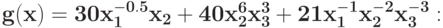 \bf{g(x) = 30 x_{1}^{-0.5}x_{2} + 40 x_{2}^{6}x_{3}^{3} + 21 x_{1}^{-1}x_{2}^{-2}x_{3}^{-3}:}