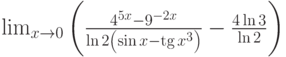 \lim_{x\to 0}\left(\frac{4^{5x}-9^{-2x}}{\ln 2\left(\sin x-\tg x^3\right)}-\frac{4\ln 3}{\ln 2}\right)