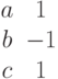 \begin{matrix}a&1\\b&-1\\c&1\end{matrix}