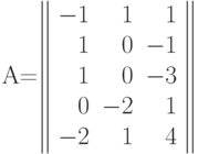 A=\left\| \begin{array}{rrr}-1&1&1\\1&0&-1\\1&0&-3\\0&-2&1\\-2&1&4\\ \end{array} \right\|