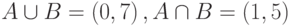 A\cup B=\left(0,7\right), A\cap B=\left(1,5\right)