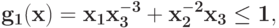 \bf{g_{1}(x) =x_{1}x_{3}^{-3} + x_{2}^{-2}x_{3}\leq 1,}