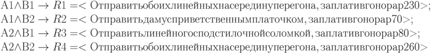 А1\land В1 \to R1 = <Отправить обоих линейных на середину перегона, заплатив гонорар $230>;\\A1\land В2 \to R2 = <Отправить даму с приветственным платочком, заплатив гонорар $70>;\\A2\land В1 \to R3 = <Отправить линейного с подстилочной соломкой, заплатив гонорар $80>;\\А2\land В2 \to R4 = <Отправить обоих линейных на середину перегона, заплатив гонорар $260>