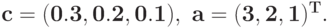 \bf{c = (0.3, 0.2, 0.1),\ a = (3, 2, 1)^{T}.}