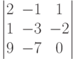         	\begin{vmatrix}        	2 & -1 & 1 \\        	1 & -3 & -2 \\        	9 & -7 & 0        	\end{vmatrix}        	