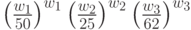 \left(\frac{w_1}{50}\right)^{w_1}\left(\frac{w_2}{25}\right)^{w_2}\left(\frac{w_3}{62}\right)^{w_3}