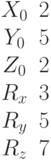 \begin{matrix}X_0&2\\Y_0&5\\Z_0&2\\R_x&3\\R_y&5\\R_z&7\end{matrix}