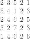 begin{matrix}2&3&5&2&1\5&4&1&2&3\2&4&6&2&5\3&2&7&2&3\1&4&6&2&6end{matrix}