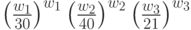 \left(\frac{w_1}{30}\right)^{w_1}\left(\frac{w_2}{40}\right)^{w_2}\left(\frac{w_3}{21}\right)^{w_3}