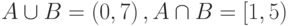 A\cup B=\left(0,7\right), A\cap B=\left[1,5\right)