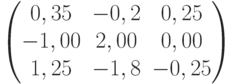           \begin{pmatrix}          0,35 & -0,2 & 0,25 \\          -1,00 & 2,00 & 0,00 \\          1,25 & -1,8 & -0,25          \end{pmatrix}          