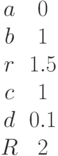 begin {matrix}a&0\b&1\r&1.5\c&1\d&0.1\R&2end{matrix}