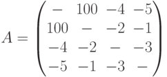 A= \begin{pmatrix}- & 100 & -4 & -5 \\100 & - & -2 & -1 \\-4 & -2 & - & -3 \\-5 & -1 & -3 & - \\\end{pmatrix}