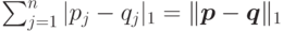 \sum_{j=1}^{n}|p_j-q_j|_1=\|\boldsymbol p-\boldsymbol q\|_1