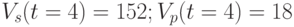 V_{s}(t=4)=152; V_{p}(t=4)=18