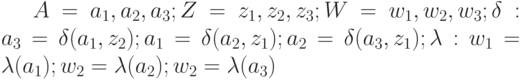 A={a_1, a_2, a_3 }; Z= { z_1, z_2, z_3}; W= { w_1, w_2, w_3};  \delta: a_3= \delta( a_1 , z_2); a_1= \delta( a_2 , z_1); a_2= \delta( a_3 , z_1);  \lambda: w_1= \lambda( a_1); w_2= \lambda ( a_2); w_2= \lambda ( a_3)