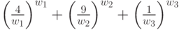 \left(\frac{4}{w_1}\right)^{w_1}+\left(\frac{9}{w_2}\right)^{w_2}+\left(\frac{1}{w_3}\right)^{w_3}