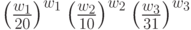 \left(\frac{w_1}{20}\right)^{w_1}\left(\frac{w_2}{10}\right)^{w_2}\left(\frac{w_3}{31}\right)^{w_3}
