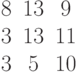 \begin{matrix}8&13&9\\3&13&11\\3&5&10\end{matrix}