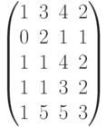 $$begin{pmatrix}1&3&4&2\0&2&1&1\1&1&4&2\1&1&3&2\1&5&5&3end{pmatrix}$$