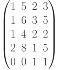 $$begin{pmatrix}1&5&2&3\1&6&3&5\1&4&2&2\2&8&1&5\0&0&1&1end{pmatrix}$$