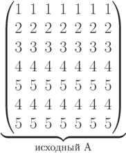 \underbrace{\begin{pmatrix} 1 & 1 & 1 & 1 & 1 & 1 & 1 \\ 2 & 2 & 2 & 2 & 2 & 2 & 2 \\  3 & 3 & 3 & 3 & 3 & 3 & 3 \\ 4 & 4 & 4 & 4 & 4 & 4 & 4 \\   5 & 5 & 5 & 5 & 5 & 5 & 5 \\   4 & 4 & 4 & 4 & 4 & 4 & 4 \\   5 & 5 & 5 & 5 & 5 & 5 & 5 \\   \end{pmatrix}}_\text{исходный A}