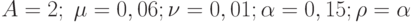 A=2;\; \mu=0,06; \nu=0,01; \alpha=0,15; \rho=\alpha