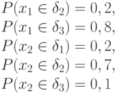 P(x_1 \in \delta_2 ) = 0,2,\\P(x_1 \in \delta_3 ) = 0,8,\\P(x_2 \in \delta_1 ) = 0,2,\\P(x_2 \in \delta_2 ) = 0,7,\\P(x_2 \in \delta_3 ) = 0,1