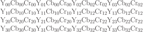 \begin{array}{l} {\rm Y}_{{\rm 00}} {\rm Cb}_{{\rm 00}} {\rm Cr}_{{\rm 00}} {\rm  Y}_{{\rm 01}} {\rm Cb}_{{\rm 00}} {\rm Cr}_{{\rm 00}} {\rm  Y}_{{\rm 02}} {\rm Cb}_{{\rm 02}} {\rm Cr}_{{\rm 02}} {\rm  Y}_{{\rm 03}} {\rm Cb}_{{\rm 02}} {\rm Cr}_{{\rm 02}}  \\  {\rm Y}_{{\rm 10}} {\rm Cb}_{{\rm 10}} {\rm Cr}_{{\rm 10}} {\rm  Y}_{{\rm 11}} {\rm Cb}_{{\rm 10}} {\rm Cr}_{{\rm 10}} {\rm  Y}_{{\rm 12}} {\rm Cb}_{{\rm 12}} {\rm Cr}_{{\rm 12}} {\rm  Y}_{{\rm 13}} {\rm Cb}_{{\rm 12}} {\rm Cr}_{{\rm 12}}  \\  {\rm Y}_{{\rm 20}} {\rm Cb}_{{\rm 20}} {\rm Cr}_{{\rm 20}} {\rm  Y}_{{\rm 21}} {\rm Cb}_{{\rm 20}} {\rm Cr}_{{\rm 20}} {\rm  Y}_{{\rm 22}} {\rm Cb}_{{\rm 22}} {\rm Cr}_{{\rm 22}} {\rm  Y}_{{\rm 23}} {\rm Cb}_{{\rm 22}} {\rm Cr}_{{\rm 22}}  \\  {\rm Y}_{{\rm 30}} {\rm Cb}_{{\rm 30}} {\rm Cr}_{{\rm 30}} {\rm  Y}_{{\rm 31}} {\rm Cb}_{{\rm 30}} {\rm Cr}_{{\rm 30}} {\rm  Y}_{{\rm 32}} {\rm Cb}_{{\rm 32}} {\rm Cr}_{{\rm 32}} {\rm  Y}_{{\rm 33}} {\rm Cb}_{{\rm 32}} {\rm Cr}_{{\rm 32}}  \\  \end{array}