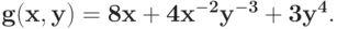 \bf{g(x,y) = 8x + 4x^{-2}y^{-3} + 3y^{4}.}